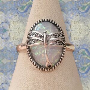 🆕 Vintage Boho Dragonfly Ring  - 925 Silver Plated Copper - Synthetic Opal 🧚